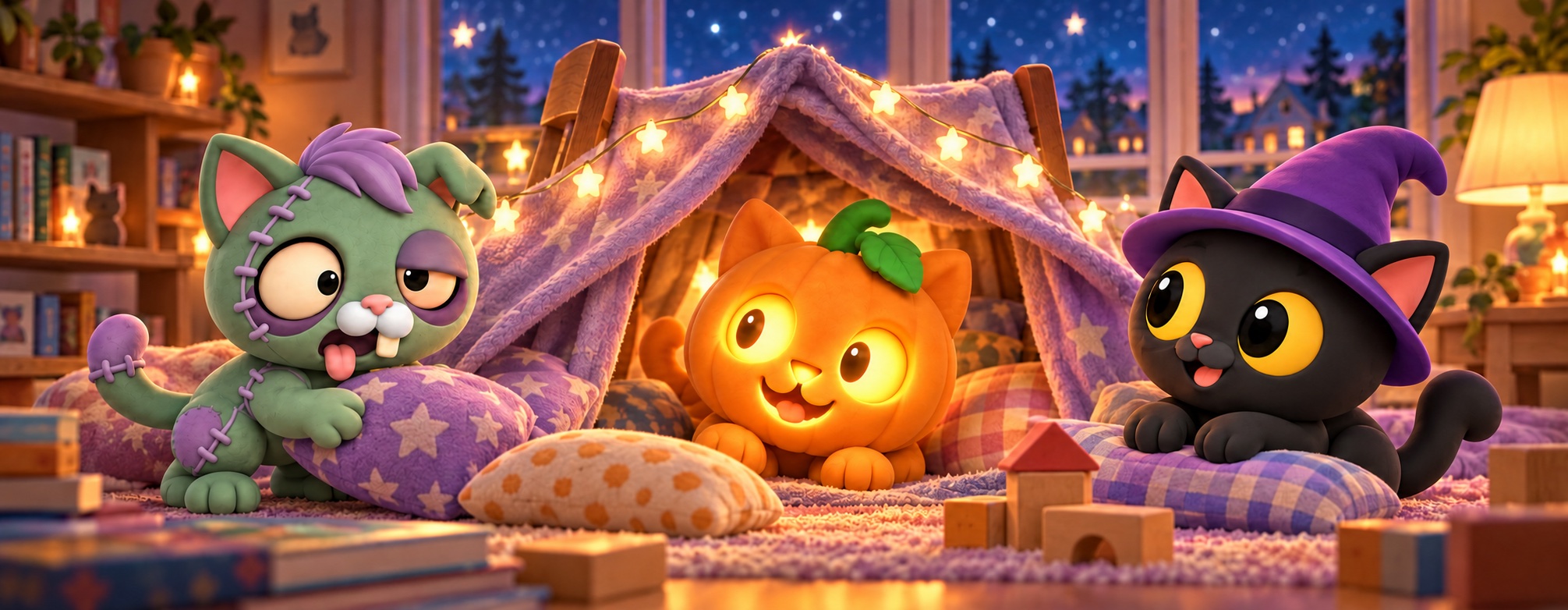 Three Monster Kitties playing in a starry blanket fort